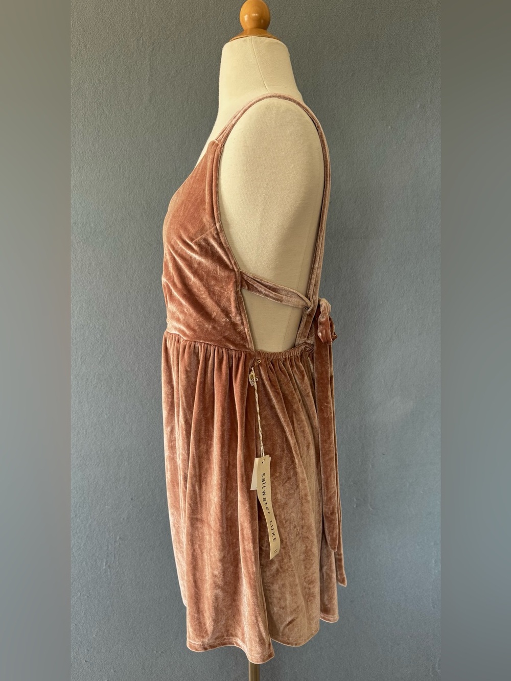 Saltwater Luxe Velvet Mini Dress Medium Pink Blush Tie Back Open Back Boho - Picture 5 of 11